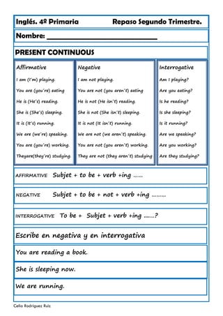 Inglés. 4º Primaria Repaso Segundo Trimestre.
PRESENT CONTINUOUS
Nombre: ________________________________
Celia Rodríguez Ruiz
Affirmative
I am (I´m) playing.
You are (you´re) eating
He is (He´s) reading.
She is (She´s) sleeping.
It is (It´s) running.
We are (we´re) speaking.
You are (you´re) working.
Theyare(they´re) studying.
AFFIRMATIVE Subjet + to be + verb +ing ……
Negative
I am not playing.
You are not (you aren´t) eating
He is not (He isn´t) reading.
She is not (She isn´t) sleeping.
It is not (It isn´t) running.
We are not (we aren´t) speaking.
You are not (you aren´t) working.
They are not (they aren´t) studying
Interrogative
Am I playing?
Are you eating?
Is he reading?
Is she sleeping?
Is it running?
Are we speaking?
Are you working?
Are they studying?
NEGATIVE Subjet + to be + not + verb +ing ………
INTERROGATIVE To be + Subjet + verb +ing ....…?
Escribe en negativa y en interrogativa
You are reading a book.
She is sleeping now.
We are running.
 
