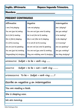 Inglés. 5Primaria Repaso Segundo Trimestre.
PRESENT CONTINUOUS
Nombre: ________________________________
Celia Rodríguez Ruiz
Affirmative
I am (I´m) playing.
You are (you´re) eating
He is (He´s) reading.
She is (She´s) sleeping.
It is (It´s) running.
We are (we´re) speaking.
You are (you´re) working.
Theyare(they´re) studying.
AFFIRMATIVE Subjet + to be + verb +ing ……
Negative
I am not playing.
You are not (you aren´t) eating
He is not (He isn´t) reading.
She is not (She isn´t) sleeping.
It is not (It isn´t) running.
We are not (we aren´t) speaking.
You are not (you aren´t) working.
They are not(they aren´t) studying.
Interrogative
Am I playing?
Are you eating?
Is he reading?
Is she sleeping?
Is it running?
Are we speaking?
Are you working?
Are they studying?
NEGATIVE Subjet + to be + not + verb +ing ………
INTERROGATIVE To be + Subjet + verb +ing ....…?
Escribe en negativa y en interrogativa
You are reading a book.
She is sleeping now.
We are running.
 