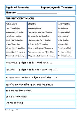 Inglés. 6º Primaria Repaso Segundo Trimestre.
PRESENT CONTINUOUS
Nombre: ________________________________
Celia Rodríguez Ruiz
Affirmative
I am (I´m) playing.
You are (you´re) eating
He is (He´s) reading.
She is (She´s) sleeping.
It is (It´s) running.
We are (we´re) speaking.
You are (you´re) working.
They are(they´re) studying
AFFIRMATIVE Subjet + to be + verb +ing ……
Negative
I am not playing.
You are not (you aren´t) eating
He is not (He isn´t) reading.
She is not (She isn´t) sleeping.
It is not (It isn´t) running.
We are not (we aren´t) speaking.
You are not (you aren´t) working.
They are not (they aren´t) studying
Interrogative
Am I playing?
Are you eating?
Is he reading?
Is she sleeping?
Is it running?
Are we speaking?
Are you working?
Are they studying?
NEGATIVE Subjet + to be not + verb +ing ………
INTERROGATIVE To be + Subjet + verb +ing ....…?
Escribe en negativa y en interrogativa
You are reading a book.
She is sleeping now.
We are running.
 