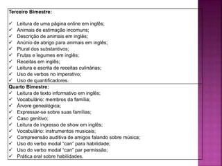 Terceiro Bimestre:
 Leitura de uma página online em inglês;
 Animais de estimação incomuns;
 Descrição de animais em inglês;
 Anúnio de abrigo para animais em inglês;
 Plural dos substantivos;
 Frutas e legumes em inglês;
 Receitas em inglês;
 Leitura e escrita de receitas culinárias;
 Uso de verbos no imperativo;
 Uso de quantificadores.
Quarto Bimestre:
 Leitura de texto informativo em inglês;
 Vocabulário: membros da família;
 Árvore genealógica;
 Expressar-se sobre suas famílias;
 Caso genitivo;
 Leitura de ingresso de show em inglês;
 Vocabulário: instrumentos musicais;
 Compreensão auditiva de amigos falando sobre música;
 Uso do verbo modal “can” para habilidade;
 Uso do verbo modal “can” par permissão;
 Prática oral sobre habilidades.
 