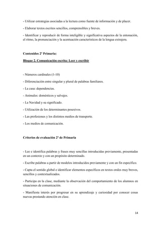 14
- Utilizar estrategias asociadas a la lectura como fuente de información y de placer.
- Elaborar textos escritos sencillos, comprensibles y breves.
- Identificar y reproducir de forma inteligible y significativa aspectos de la entonación,
el ritmo, la pronunciación y la acentuación característicos de la lengua extrajera.
Contenidos 2º Primaria:
Bloque 2. Comunicación escrita: Leer y escribir
- Números cardinales (1-10)
- Diferenciación entre singular y plural de palabras familiares.
- La casa: dependencias.
- Animales: domésticos y salvajes.
- La Navidad y su significado.
- Utilización de los determinantes posesivos.
- Las profesiones y los distintos medios de transporte.
- Los medios de comunicación.
Criterios de evaluación 2º de Primaria
- Lee e identifica palabras y frases muy sencillas introducidas previamente, presentadas
en un contexto y con un propósito determinado.
- Escribe palabras a partir de modelos introducidos previamente y con un fin específico.
- Capta el sentido global e identificar elementos específicos en textos orales muy breves,
sencillos y contextualizados.
- Participa en la clase, mediante la observación del comportamiento de los alumnos en
situaciones de comunicación.
- Manifiesta interés por progresar en su aprendizaje y curiosidad por conocer cosas
nuevas prestando atención en clase.
 