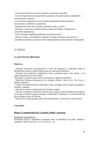 25
- Expresa de forma oral y escrita mensajes y expresiones sencillas.
- Usa estrategias básicas para aprender a aprender como pedir ayuda, acompañar la
comunicación con gestos...
- Lee de forma comprensiva textos escritos interpretando la idea principal o
reconociendo vocabulario ya aprendido.
- Responde de forma oral a sencillos estímulos orales y escritos.
- Reconoce y utiliza un vocabulario básico sobre festividades, celebraciones o
costumbres anglosajonas.
- Utiliza fórmulas lingüísticas habituales de relación social.
- Muestra interés y curiosidad por aprender la lengua extranjera, sus aspectos, y
costumbres culturales y reconoce la diversidad lingüística como elemento enriquecedor
3º CICLO
4.5. QUINTO DE PRIMARIA
Objetivos:
- Expresar estructuras comunicativas a través de preguntas y respuestas sobre la
identidad de la gente e indicar lugares para una adecuada orientación.
- Describir con estructuras comparativas tanto a personas como a uno mismo, y los
rasgos significativos de una ciudad.
-Reconocer y expresar gustos acerca de alimentos y deportes preferidos.
- Identificar distintas estructuras de los tiempos verbales: verbo to be, Past Tense y
pasados regulares
- Utilizar el vocabulario básico para poder contar, distinguir países, lugares geográficos,
comidas y deportes.
- Apreciar los ritmos de entonación de la fonética inglesa.
- Conocer costumbres, formas de relación social, rasgos y particularidades de los países
en los que se habla la lengua extranjera, fomentando la tolerancia y el conocimiento de
otras culturas a través del idioma.
- Valorar de la cultura propia a partir del conocimiento y valoración de otras culturas.
Contenidos:
Boque 1- Comunicación Oral. Escuchar, hablar y conversar
Estructuras comunicativas
Presentarse. Hacer y responder a preguntas sobre la identidad de la gente. Saludar y
despedirse: Hello, good-bye, see you tomorrow, etc
 