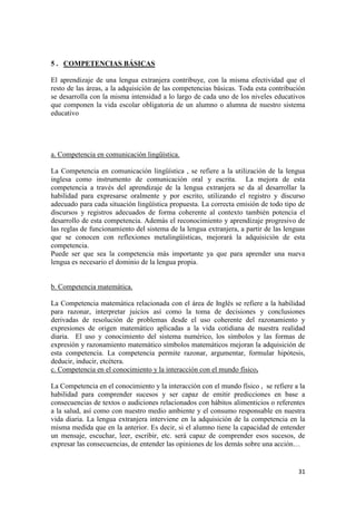31
5 . COMPETENCIAS BÁSICAS
El aprendizaje de una lengua extranjera contribuye, con la misma efectividad que el
resto de las áreas, a la adquisición de las competencias básicas. Toda esta contribución
se desarrolla con la misma intensidad a lo largo de cada uno de los niveles educativos
que componen la vida escolar obligatoria de un alumno o alumna de nuestro sistema
educativo
a. Competencia en comunicación lingüística.
La Competencia en comunicación lingüística , se refiere a la utilización de la lengua
inglesa como instrumento de comunicación oral y escrita. La mejora de esta
competencia a través del aprendizaje de la lengua extranjera se da al desarrollar la
habilidad para expresarse oralmente y por escrito, utilizando el registro y discurso
adecuado para cada situación lingüística propuesta. La correcta emisión de todo tipo de
discursos y registros adecuados de forma coherente al contexto también potencia el
desarrollo de esta competencia. Además el reconocimiento y aprendizaje progresivo de
las reglas de funcionamiento del sistema de la lengua extranjera, a partir de las lenguas
que se conocen con reflexiones metalingüísticas, mejorará la adquisición de esta
competencia.
Puede ser que sea la competencia más importante ya que para aprender una nueva
lengua es necesario el dominio de la lengua propia.
b. Competencia matemática.
La Competencia matemática relacionada con el área de Inglés se refiere a la habilidad
para razonar, interpretar juicios así como la toma de decisiones y conclusiones
derivadas de resolución de problemas desde el uso coherente del razonamiento y
expresiones de origen matemático aplicadas a la vida cotidiana de nuestra realidad
diaria. El uso y conocimiento del sistema numérico, los símbolos y las formas de
expresión y razonamiento matemático símbolos matemáticos mejoran la adquisición de
esta competencia. La competencia permite razonar, argumentar, formular hipótesis,
deducir, inducir, etcétera.
c. Competencia en el conocimiento y la interacción con el mundo físico.
La Competencia en el conocimiento y la interacción con el mundo físico , se refiere a la
habilidad para comprender sucesos y ser capaz de emitir predicciones en base a
consecuencias de textos o audiciones relacionados con hábitos alimenticios o referentes
a la salud, así como con nuestro medio ambiente y el consumo responsable en nuestra
vida diaria. La lengua extranjera interviene en la adquisición de la competencia en la
misma medida que en la anterior. Es decir, si el alumno tiene la capacidad de entender
un mensaje, escuchar, leer, escribir, etc. será capaz de comprender esos sucesos, de
expresar las consecuencias, de entender las opiniones de los demás sobre una acción…
 