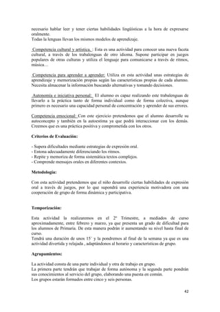 42
necesario hablar leer y tener ciertas habilidades lingüísticas a la hora de expresarse
oralmente.
Todas la lenguas llevan los mismos modelos de aprendizaje.
Competencia cultural y artística. : Esta es una actividad para conocer una nueva faceta
cultural, a través de los trabalenguas de otro idioma. Supone participar en juegos
populares de otras culturas y utiliza el lenguaje para comunicarse a través de ritmos,
música…
Competencia para aprender a aprender: Utiliza en esta actividad unas estrategias de
aprendizaje y memorización propias según las características propias de cada alumno.
Necesita almacenar la información buscando alternativas y tomando decisiones.
Autonomía e iniciativa personal: El alumno es capaz realizando este trabalenguas de
llevarlo a la práctica tanto de forma individual como de forma colectiva, aunque
primero es necesario una capacidad personal de concentración y aprender de sus errores.
Competencia emocional: Con este ejercicio pretendemos que el alumno desarrolle su
autoconcepto y también en la autoestima ya que podrá interaccionar con los demás.
Creemos que es una práctica positiva y comprometida con los otros.
Criterios de Evaluación:
- Supera dificultades mediante estrategias de expresión oral.
- Entona adecuadamente diferenciando los ritmos.
- Repite y memoriza de forma sistemática textos complejos.
- Comprende mensajes orales en diferentes contextos.
Metodología:
Con esta actividad pretendemos que el niño desarrolle ciertas habilidades de expresión
oral a través de juegos, por lo que supondrá una experiencia motivadora con una
cooperación de grupo de forma dinámica y participativa.
Temporización:
Esta actividad la realizaremos en el 2º Trimestre, a mediados de curso
aproximadamente, entre febrero y marzo, ya que presenta un grado de dificultad para
los alumnos de Primaria. De esta manera podrán ir aumentando su nivel hasta final de
curso.
Tendrá una duración de unos 15´ y la pondremos al final de la semana ya que es una
actividad divertida y relajada , adaptándonos al horario y características de grupo.
Agrupamientos:
La actividad consta de una parte individual y otra de trabajo en grupo.
La primera parte tendrán que trabajar de forma autónoma y la segunda parte pondrán
sus conocimientos al servicio del grupo, elaborando una puesta en común.
Los grupos estarán formados entre cinco y seis personas.
 