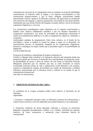 5
contenidos por cursos ha de ser interpretada como un continuo en el que las habilidades
comunicativas, la reflexión sobre la lengua y los aspectos socioculturales se irán
construyendo progresivamente y, por lo tanto, cualquier conocimiento tratado
anteriormente volverá a aparecer en diferentes contextos. De igual modo, la correlación
entre funciones del lenguaje y aspectos gramaticales será tratada de una forma flexible,
entendiendo que una misma función del lenguaje se puede realizar a través de distintos
exponentes lingüísticos y viceversa.
Las orientaciones metodológicas serán coherentes con lo expuesto anteriormente y
tendrán como objetivo fundamental contribuir a que los alumnos desarrollen la
competencia comunicativa. Las tareas de actividades de aprendizaje constituirán el
núcleo de la planificación didáctica y en ellas se integrarán los objetivos, contenidos y
evaluación
conformando unidades de programación. Entre otros criterios, en el diseño de las
actividades y tareas se tendrán en cuenta las etapas a seguir en su desarrollo, los
conocimientos previos, el tratamiento integrado de los componentes lingüísticos,
destrezas y estrategias, los logros finales que se pretenden seguir y las posibilidades de
adaptación
a la diversidad del aula.
El proceso de enseñanza y aprendizaje de lenguas extranjeras en
Castilla La Mancha debe contribuir a la formación educativa del alumnado desde una
perspectiva global que favorezca el desarrollo de su personalidad, la integración social,
las posibilidades de acceso a datos de interés. De esta forma la Educación Primaria
Obligatoria propiciará que los alumnos que hoy se están formando en nuestra
Comunidad conozcan formas de vida y organización social diferentes a las nuestras,
mejoren su capacidad de empatía, diversifiquen sus canales de información y entablen
relaciones caracterizadas por la tolerancia social y cultural en un mundo en que la
comunicación internacional
está cada vez más presente.
1. OBJETIVOS GENERALES DEL ÁREA:
La enseñanza de la Lengua extranjera tendrá como objetivo el desarrollo de las
siguientes
capacidades:
1. Escuchar y comprender mensajes orales, en diferentes contextos de comunicación, y
realizar tareas concretas y diversas adoptando una actitud respetuosa y de cooperación.
2. Expresarse oralmente de forma adecuada, coherente y correcta en situaciones
habituales integrando procedimientos verbales y no verbales, utilizando los aspectos
fonéticos, de ritmo, acentuación y entonación como elementos básicos de
comunicación.
 