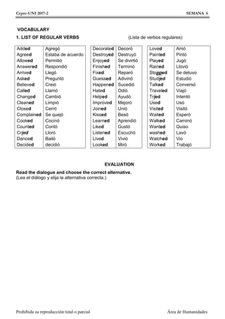 Cepre-UNI 2017-2 SEMANA 6
Prohibida su reproducción total o parcial Área de Humanidades
VOCABULARY
1. LIST OF REGULAR VERBS (Lista de verbos regulares)
Added
Agreed
Allowed
Answered
Arrived
Asked
Believed
Called
Changed
Cleaned
Closed
Complained
Cooked
Counted
Cried
Danced
Decided
Agregó
Estaba de acuerdo
Permitió
Respondió
Llegó
Preguntó
Creió
Llamó
Cambió
Limpió
Cerró
Se quejó
Cocinó
Contó
Lloró
Bailó
decidió
Decorated
Destroyed
Enjoyed
Finished
Fixed
Guessed
Happened
Hated
Helped
Improved
Joined
Kissed
Learned
Liked
Listened
Lived
Looked
Decoró
Destruyó
Se divirtió
Terminó
Reparó
Adivinó
Sucedió
Odió
Ayudó
Mejoró
Unió
Besó
Aprendió
Gustó
Escuchó
Vivió
Miró
Loved
Painted
Played
Rained
Stopped
Studied
Talked
Traveled
Tried
Used
Visited
Waited
Walked
Wanted
washed
Watched
Worked
Amó
Pintó
Jugó
Llovió
Se detuvo
Estudió
Conversó
Viajó
Intentó
Usó
Visitó
Esperó
Caminó
Quiso
Lavó
Vio
Trabajó
EVALUATION
Read the dialogue and choose the correct alternative.
(Lea el diálogo y elija la alternativa correcta.)
 