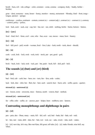 bomb – bum, rob – rub, college – color, common – come, comma – company, body – buddy, bother –
brother;
gone – done, nonsense – none, honor – honey, monitor – money, monument – Monday, fond – front, tongs –
tongue, sponsor – sponge;
conference – confess, continent – contain, content (n.) – content (adj.) , contract (n.) – contract (v.), contrary
– control, policy – police;
lock – luck, sock – suck, cop – cup, hot – hut, not – nut, cloth – nothing, bottle – butter, bottom – button;
[u:] – [yu:]
food – feud, fool – fume, cool – cute, who – hue, ooze – use, moose – muse, boot – beauty;
[u:] – [u]
fool – full, pool – pull, womb – woman, food – foot, Luke – look, tooth – took, shoot – should;
[u] – [o]
cook – cock, look – lock, rook – rock, took – stock, put – pot, good – god;
[u] – [ə]
book – buck, look – luck, took – tuck, put – but, push – hush, full – dull, pull – hull;
The sounds [ə] (but) and [ər] (bird)
[ə] – [ər]
bud – bird, cub – curb, bun – burn, ton – turn, fun – fern, soda – coder;
luck – lurk, shut – shirt, but – Bert, hut – hurt, such – search, bust – burst, sofa – suffer, quota – quarter;
stressed [ə] – unstressed [ə]
son – lesson, some – awesome, muss – famous, numb – venom, thud – method,
stressed [ər] – unstressed [ər]
fur – offer, refer – suffer, sir – answer, purr – helper, burn – stubborn, turn – lantern;
Contrasting monophthongs and diphthongs in pairs
[e] – [ei]
pen – pain, den – Dane, many – main, fell – fail, sell – sail, bed – bade, fed – fade, red – raid;
let – late, met – mate, debt – date, bet – bait, wet – wait, sec – sake, wreck – rake, neck – snake;
[e] – [ei]: next day, let's stay, Ben met Kate, felt great, tell tales; [ei] – [e]: make friends, raise hell, say
when;
 
