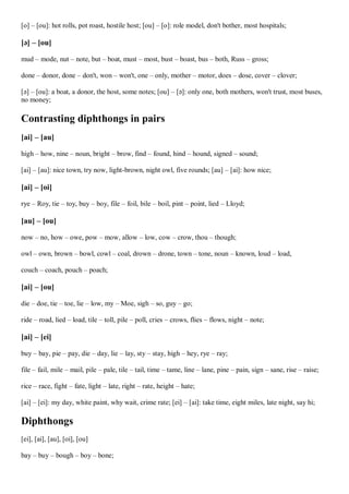 [o] – [ou]: hot rolls, pot roast, hostile host; [ou] – [o]: role model, don't bother, most hospitals;
[ə] – [ou]
mud – mode, nut – note, but – boat, must – most, bust – boast, bus – both, Russ – gross;
done – donor, done – don't, won – won't, one – only, mother – motor, does – dose, cover – clover;
[ə] – [ou]: a boat, a donor, the host, some notes; [ou] – [ə]: only one, both mothers, won't trust, most buses,
no money;
Contrasting diphthongs in pairs
[ai] – [au]
high – how, nine – noun, bright – brow, find – found, hind – hound, signed – sound;
[ai] – [au]: nice town, try now, light-brown, night owl, five rounds; [au] – [ai]: how nice;
[ai] – [oi]
rye – Roy, tie – toy, buy – boy, file – foil, bile – boil, pint – point, lied – Lloyd;
[au] – [ou]
now – no, how – owe, pow – mow, allow – low, cow – crow, thou – though;
owl – own, brown – bowl, cowl – coal, drown – drone, town – tone, noun – known, loud – load,
couch – coach, pouch – poach;
[ai] – [ou]
die – doe, tie – toe, lie – low, my – Moe, sigh – so, guy – go;
ride – road, lied – load, tile – toll, pile – poll, cries – crows, flies – flows, night – note;
[ai] – [ei]
buy – bay, pie – pay, die – day, lie – lay, sty – stay, high – hey, rye – ray;
file – fail, mile – mail, pile – pale, tile – tail, time – tame, line – lane, pine – pain, sign – sane, rise – raise;
rice – race, fight – fate, light – late, right – rate, height – hate;
[ai] – [ei]: my day, white paint, why wait, crime rate; [ei] – [ai]: take time, eight miles, late night, say hi;
Diphthongs
[ei], [ai], [au], [oi], [ou]
bay – buy – bough – boy – bone;
 