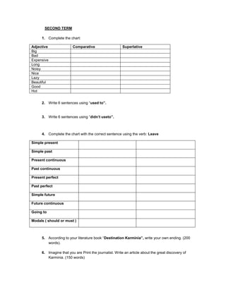 SECOND TERM

     1. Complete the chart:

Adjective               Comparative                    Superlative
Big
Bad
Expensive
Long
Noisy
Nice
Lazy
Beautiful
Good
Hot


     2. Write 6 sentences using “used to”.


     3. Write 6 sentences using “didn’t useto”.



     4. Complete the chart with the correct sentence using the verb: Leave

Simple present

Simple past

Present continuous

Past continuous

Present perfect

Past perfect

Simple future

Future continuous

Going to

Modals ( should or must )



     5. According to your literature book “Destination Karminia”, write your own ending. (200
        words).

     6. Imagine that you are Print the journalist. Write an article about the great discovery of
        Karminia. (150 words)
 