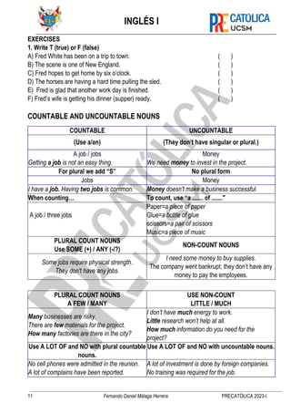 INGLÉS I
11 Fernando Daniel Málaga Herrera PRECATÓLICA 2023-I
EXERCISES
1. Write T (true) or F (false)
A) Fred White has been on a trip to town. ( )
B) The scene is one of New England. ( )
C) Fred hopes to get home by six o’clock. ( )
D) The horses are having a hard time pulling the sled. ( )
E) Fred is glad that another work day is finished. ( )
F) Fred’s wife is getting his dinner (supper) ready. ( )
COUNTABLE AND UNCOUNTABLE NOUNS
COUNTABLE UNCOUNTABLE
(Use a/an) (They don’t have singular or plural.)
A job / jobs Money
Getting a job is not an easy thing. We need money to invest in the project.
For plural we add “S” No plural form
Jobs Money
I have a job. Having two jobs is common. Money doesn’t make a business successful.
When counting… To count, use “a ....... of ......."
Paper=a piece of paper
A job / three jobs Glue=a bottle of glue
scissors=a pair of scissors
Music=a piece of music
PLURAL COUNT NOUNS
Use SOME (+) / ANY (-/?)
NON-COUNT NOUNS
Some jobs require physical strength.
They don't have any jobs.
I need some money to buy supplies.
The company went bankrupt; they don’t have any
money to pay the employees.
PLURAL COUNT NOUNS
A FEW / MANY
USE NON-COUNT
LITTLE / MUCH
Many businesses are risky.
There are few materials for the project.
How many factories are there in the city?
I don’t have much energy to work.
Little research won’t help at all.
How much information do you need for the
project?
Use A LOT OF and NO with plural countable
nouns.
Use A LOT OF and NO with uncountable nouns.
No cell phones were admitted in the reunion.
A lot of complains have been reported.
A lot of investment is done by foreign companies.
No training was required for the job.
 