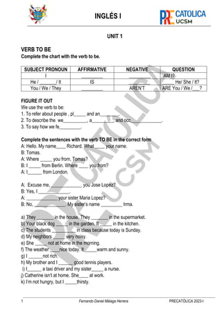 INGLÉS I
1 Fernando Daniel Málaga Herrera PRECATÓLICA 2023-I
UNIT 1
VERB TO BE
Complete the chart with the verb to be.
SUBJECT PRONOUN AFFIRMATIVE NEGATIVE QUESTION
I _________ _________ AM I?
He / _______/ It IS _________ _____ He/ She / It?
You / We / They _________ AREN’T ARE You / We /___?
FIGURE IT OUT
We use the verb to be:
1. To refer about people , pl_____ and an________.
2. To describe the we__________, a_________, and occ_____________.
3. To say how we fe_________.
Complete the sentences with the verb TO BE in the correct form
A: Hello. My name____ Richard. What ____ your name.
B: Tomas.
A: Where _____ you from, Tomas?
B: I _____ from Berlin. Where ____ you from?
A: I______ from London.
A: Excuse me, _____________ you Jose Lopez?
B: Yes, I _____________.
A: _____________ your sister Maria Lopez?
B: No, _____________. My sister’s name _________ Irma.
a) They _______ in the house. They _______ in the supermarket.
b) Your black dog _____ in the garden. It _____ in the kitchen.
c) The students __________ in class because today is Sunday.
d) My neighbors _____ very noisy.
e) She _____ not at home in the morning.
f) The weather ____nice today. It _____warm and sunny.
g) I ______not rich.
h) My brother and I ______ good tennis players.
i) I______ a taxi driver and my sister_____ a nurse.
j) Catherine isn’t at home. She____ at work.
k) I’m not hungry, but I _____thirsty.
 