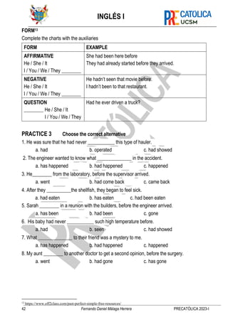INGLÉS I
42 Fernando Daniel Málaga Herrera PRECATÓLICA 2023-I
FORM13
Complete the charts with the auxiliaries
FORM EXAMPLE
AFFIRMATIVE
He / She / It
I / You / We / They ________
She had been here before
They had already started before they arrived.
NEGATIVE
He / She / It
I / You / We / They ________
He hadn’t seen that movie before.
I hadn’t been to that restaurant.
QUESTION
________ He / She / It
I / You / We / They
Had he ever driven a truck?
PRACTICE 3 Choose the correct alternative
1. He was sure that he had never ___________ this type of hauler.
a. had b. operated c. had showed
2. The engineer wanted to know what ______________ in the accident.
a. has happened b. had happened c. happened
3. He________ from the laboratory, before the supervisor arrived.
a. went b. had come back c. came back
4. After they __________the shellfish, they began to feel sick.
a. had eaten b. has eaten c. had been eaten
5. Sarah ________ in a reunion with the builders, before the engineer arrived.
a. has been b. had been c. gone
6. His baby had never ___________ such high temperature before.
a. had b. seen c. had showed
7. What ______________ to their friend was a mystery to me.
a. has happened b. had happened c. happened
8. My aunt ________ to another doctor to get a second opinion, before the surgery.
a. went b. had gone c. has gone
13
https://www.off2class.com/past-perfect-simple-free-resources/
 