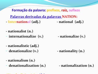 Formação da palavra: prefixos, raiz, sufixos
Palavras derivadas da palavras NATION:
- International (adj.) - national (adj.)
- nationalist (n.)
- internationalize (v.) - nationalize (v.)
- nationalistic (adj.)
- denationalize (v.) - nationality (n.)
- nationalism (n.)
- denationalization (n.) - nationalization (n.)
 