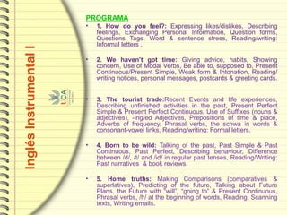 Inglés Instrumental I PROGRAMA 1. How do you feel?:  Expressing likes/dislikes, Describing feelings, Exchanging Personal Information, Question forms, Questions Tags, Word & sentence stress, Reading/writing: Informal letters  .   2. We haven’t got time:  Giving advice, habits, Showing concern, Use of Modal Verbs, Be able to, supposed to, Present Continuous/Present Simple, Weak form & Intonation, Reading/writing notices, personal messages, postcards & greeting cards .    3. The tourist trade: Recent Events and life experiences, Describing unfinished activities in the past, Present Perfect Simple & Present Perfect Continuous, Use of Suffixes (nouns & adjectives), -ing/ed Adjectives, Prepositions of time & place, Adverbs of frequency, Phrasal verbs,  the schwa in words & c onsonant-vowel links, Reading/writing: Formal letters .    4. Born to be wild :  Talking of the past, Past Simple & Past Continuous, Past Perfect, Describing behaviour, Difference between /d/, /t/ and /id/ in regular past tenses, Reading/Writing: Past narratives  & book reviews . 5. Home truths:  Making Comparisons (comparatives & superlatives), Predicting of the future, Talking about Future Plans, the Future with “will”, “going to” & Present Continuous, Phrasal verbs, /h/ at the beginning of words, Reading: Scanning texts, Writing emails . 