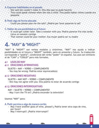 4
4. “MAY” & “MIGHT”
A. Expresar habilidades en el pasado
- She said she couldn’t make it: Ella dijo que no pudo hacerlo
- Tina could speak chinese when she was a child: Tina podía hablar chimo cuando era
pequeña
B. Pedir algo de forma educada
- Could you please pass me the salt?: ¿Podría por favor pasarme la sal?
C. Hablar de una posibilidad en el futuro
- It could get colder later. Take a sweater with you: Podría ponerse frío más tarde.
Lleva un sweater contigo
- That woman could be your mother: Esa mujer podría ser tu madre
“MAY” & “MIGHT” son verbos modales y sinónimos. “MAY” nos ayuda a indicar
posibilidades en el futuro y “MIGHT” también, pero en presente y futuro. Su traducción
corresponde a “podría”, condicional del verbo “poder” en español. Sus usos son similares
al de “CAN” y “COULD” pero más formales.
4.1 USOS DE MAY
4.1.1 ORACIONES AFIRMATIVAS
SUJETO + MAY + VERBO + COMPLEMENTO
- You may be wrong: Podrías estar equivocado(a)
4.1.2 ORACIONES NEGATIVAS
SUJETO + MAY NOT + VERBO + COMPLEMENTO
- She may not agree with you: Ella podría no estar de acuerdo contigo
4.1.3 ORACIONES INTERROGATIVAS
MAY + SUJETO + VERBO + COMPLEMENTO?
- May I turn the TV on?: ¿Podría encender la televisión?
Usamos “MAY” para:
A. Pedir permiso o algo de manera cortés
- May I have another glass of wine, please?:¿ Podría tener otra copa de vino,
por favor?
- May I interrupt?: ¿Podría interrumpir?
 