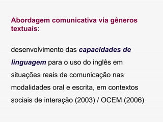 Abordagem comunicativa via gêneros textuais :  desenvolvimento das  capacidades de linguagem  para o uso do inglês em situações reais de comunicação nas modalidades oral e escrita, em contextos sociais de interação (2003) / OCEM (2006) 