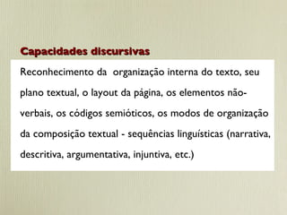 Capacidades discursivas Reconhecimento da  organização interna do texto, seu plano textual, o layout da página, os elementos não-verbais, os códigos semióticos, os modos de organização da composição textual - sequências linguísticas (narrativa, descritiva, argumentativa, injuntiva, etc.) 