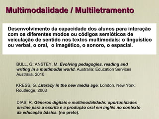 Multimodalidade / Multiletramento BULL, G; ANSTEY, M.  Evolving pedagogies, reading and  writing in a multimodal world . Australia: Education Services  Australia. 2010 KRESS, G.  Literacy in the new media age . London, New York:  Routledge,  2003 DIAS, R.  Gêneros digitais e multimodalidade: oportunidades  on-line para a escrita e a produção oral em inglês no contexto da educação básica.  (no prelo). Desenvolvimento da capacidade dos alunos para interação com os diferentes modos ou códigos semióticos de veiculação de sentido nos  textos  multimodais: o linguístico ou verbal, o oral,  o imagético, o sonoro, o espacial.  