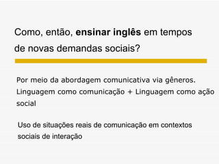 Por meio da abordagem comunicativa via gêneros. Linguagem como comunicação + Linguagem como ação social Como, então,  ensinar inglês  em tempos  de novas demandas sociais? Uso de situações reais de comunicação em contextos sociais de interação 