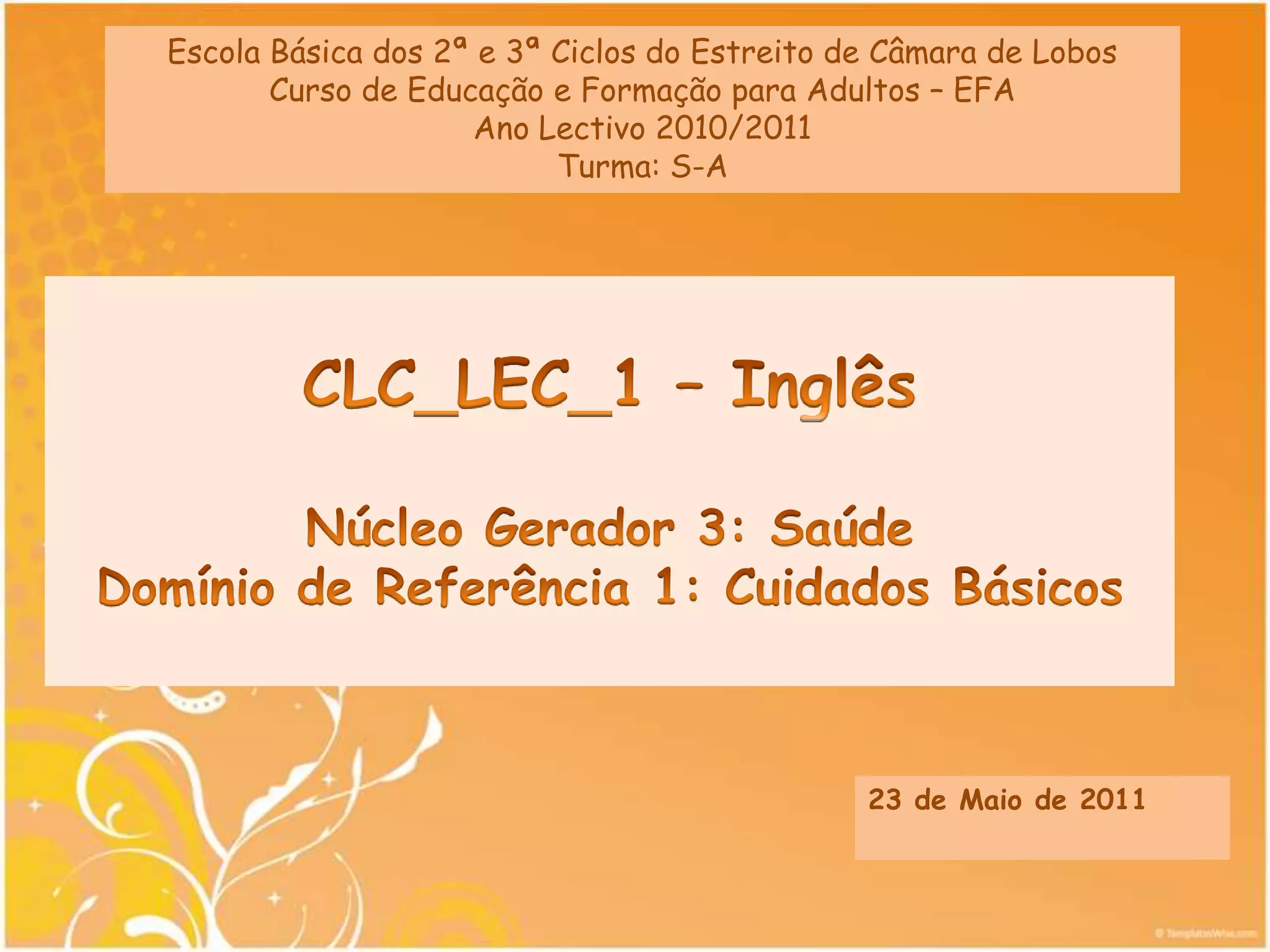 Escola Básica dos 2ª e 3ª Ciclos do Estreito de Câmara de LobosCurso de Educação e Formação para Adultos – EFAAno Lectivo 2010/2011Turma: S-ACLC_LEC_1 – InglêsNúcleo Gerador 3: SaúdeDomínio de Referência 1: Cuidados Básicos 23 de Maio de 2011