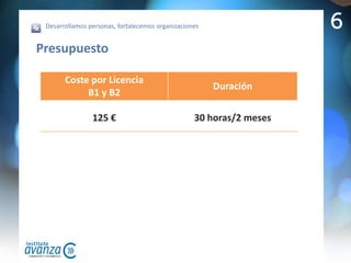 Desarrollamos personas, fortalecemos organizaciones
                                                                                                                                                                                                                                              6
             Contenidos
Module                 Section 1                         Section 2                           Section 3                           Section 4                         Section 5                             Section 6

Applying for a Job     Describing jobs                   Job advertisements                  CV and cover letter                 Arranging an interview            Preparing for an interview            During the interview
                       ● Learn useful vocabulary to      ● Read job advertisements           ● Study useful language             ● Practise language used to       ● Practise talking about recent and   ● Watch a video of a job
                       describe jobs, responsibilities   ● Practise useful language to       ● Practise writing an email         arrange and have a job training   past experiences                      interview
                       and requirements                  describe positions & job            cover letter                        interview                         ● Prepare to answer interview         ● Practise answering interview
                                                         requirements                                                                                              questions                             questions




Banking and Finance    In a bank                         The history of inflation            Changing currency                   Euro accounts                     Banking in shops                      Phoning a customer
                       ● Watch a video of a bank         ● Read an article about the         ● Listen to a conversation in a     ● Read an article about euro      ● Read an article about banking in    ● Listen to a phone conversation
                       transaction                       history of inflation                bank                                accounts                          supermarkets                          with a customer
                       ● Practise useful language for    ● Practise describing changes       ● Practise numbers and              ● Study vocabulary of banking     ● Practise expressing ability         ● Practise making a phone call to
                       dealing with customers                                                currency words                      transactions                                                            a customer




Meetings               Arranging a meeting               Progress report and action          Stages of a meeting                 Referring to time                 Speculating and planning              A business trip
                       ● Practise arranging a meeting    points                              ● Listen to different stages of a   ● Read an email                   ● Practise language used to           ● Practise describing a business
                       ● Watch a video of people         ● Study "meetings" vocabulary       meeting                             ● Practise different ways of      speculate                             trip
                       having a meeting                  ● Practise reporting progress and   ● Practise language for staging     referring to time                 ● Practise making plans and           ● Practise reporting what
                                                         listing action points               a meeting                                                             describing what you have done         happened in a meeting




Negotiating and        Words that sell                   Sales talk                          Salespeople and company             Comparing products and            A sales conversation and small talk   Advertising texts
Selling                ● Study advertising vocabulary    ● Listen to sales talk in an        organisation                        services                          ● Watch a video of a sales            ● Read different advertisements
                       ● Practise using words and        advertisement                       ● Learn to talk about people        ● Practise the language of        presentation                          ● Study persuasive language and
                       expressions that sell             ● Practise a sales phone call       and responsibilities                making comparisons                ● Practise making small talk          the structure of a persuasive text
                                                                                             ● Practise describing the           ● Study adverbs, adjectives and
                                                                                             structure of a company or an        making predictions
                                                                                             organisation
 