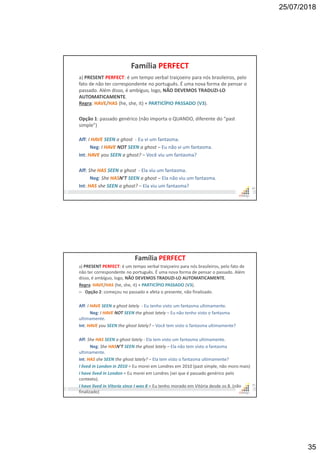 25/07/2018
35
Família PERFECT
a) PRESENT PERFECT: é um tempo verbal traiçoeiro para nós brasileiros, pelo
fato de não ter correspondente no português. É uma nova forma de pensar o
passado. Além disso, é ambíguo, logo, NÃO DEVEMOS TRADUZI-LO
AUTOMATICAMENTE.
Regra: HAVE/HAS (he, she, it) + PARTICÍPIO PASSADO (V3).
Opção 1: passado genérico (não importa o QUANDO, diferente do “past
simple”)
Aff: I HAVE SEEN a ghost - Eu vi um fantasma.
Neg: I HAVE NOT SEEN a ghost – Eu não vi um fantasma.
Int: HAVE you SEEN a ghost? – Você viu um fantasma?
Aff: She HAS SEEN a ghost - Ela viu um fantasma.
Neg: She HASN’T SEEN a ghost – Ela não viu um fantasma.
Int: HAS she SEEN a ghost? – Ela viu um fantasma? 69
Família PERFECT
a) PRESENT PERFECT: é um tempo verbal traiçoeiro para nós brasileiros, pelo fato de
não ter correspondente no português. É uma nova forma de pensar o passado. Além
disso, é ambíguo, logo, NÃO DEVEMOS TRADUZI-LO AUTOMATICAMENTE.
Regra: HAVE/HAS (he, she, it) + PARTICÍPIO PASSADO (V3).
– Opção 2: começou no passado e afeta o presente, não finalizado.
Aff: I HAVE SEEN a ghost lately - Eu tenho visto um fantasma ultimamente.
Neg: I HAVE NOT SEEN the ghost lately – Eu não tenho visto o fantasma
ultimamente.
Int: HAVE you SEEN the ghost lately? – Você tem visto o fantasma ultimamente?
Aff: She HAS SEEN a ghost lately - Ela tem visto um fantasma ultimamente.
Neg: She HASN’T SEEN the ghost lately – Ela não tem visto o fantasma
ultimamente.
Int: HAS she SEEN the ghost lately? – Ela tem visto o fantasma ultimamente?
I lived in London in 2010 = Eu morei em Londres em 2010 (past simple, não moro mais)
I have lived in London = Eu morei em Londres (sei que é passado genérico pelo
contexto).
I have lived in Vitoria since I was 8 = Eu tenho morado em Vitória desde os 8. (não
finalizado)
70
 
