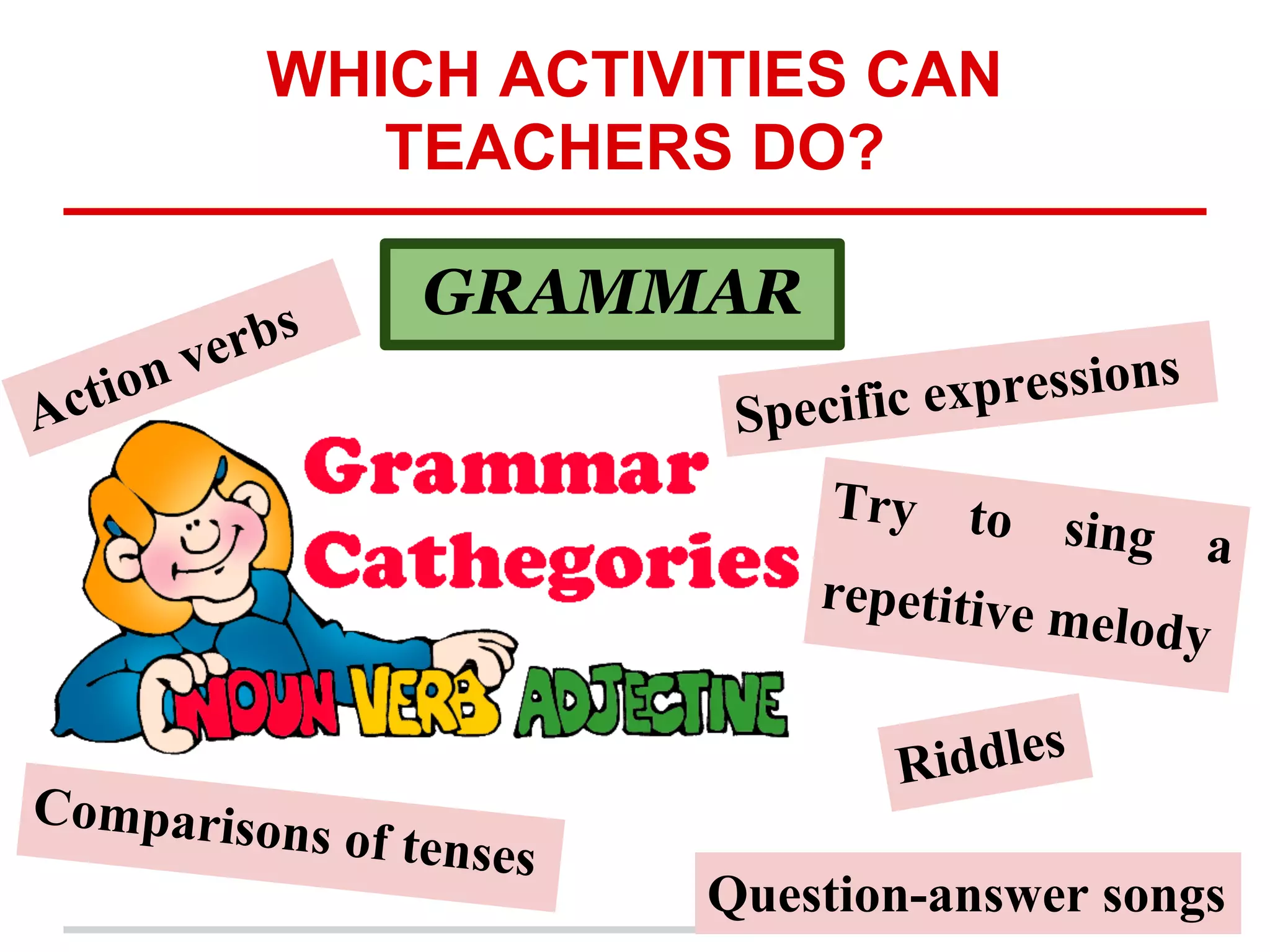 WHICH ACTIVITIES CAN
TEACHERS DO?
GRAMMAR
Comparisons of tenses
Question-answer songs
Action verbs
Riddles
Specific expressions
Try to sing a
repetitive melody
 