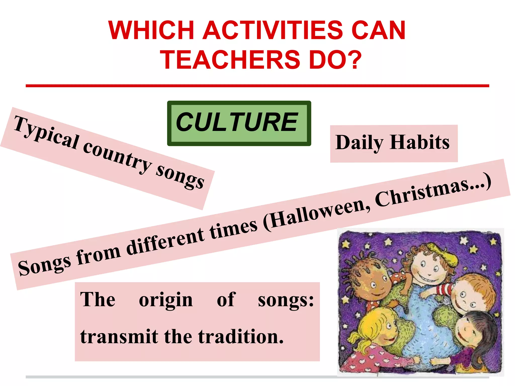 WHICH ACTIVITIES CAN
TEACHERS DO?
CULTURETypical country songs
Songs from different times (Halloween, Christmas...)
Daily Habits
The origin of songs:
transmit the tradition.
 