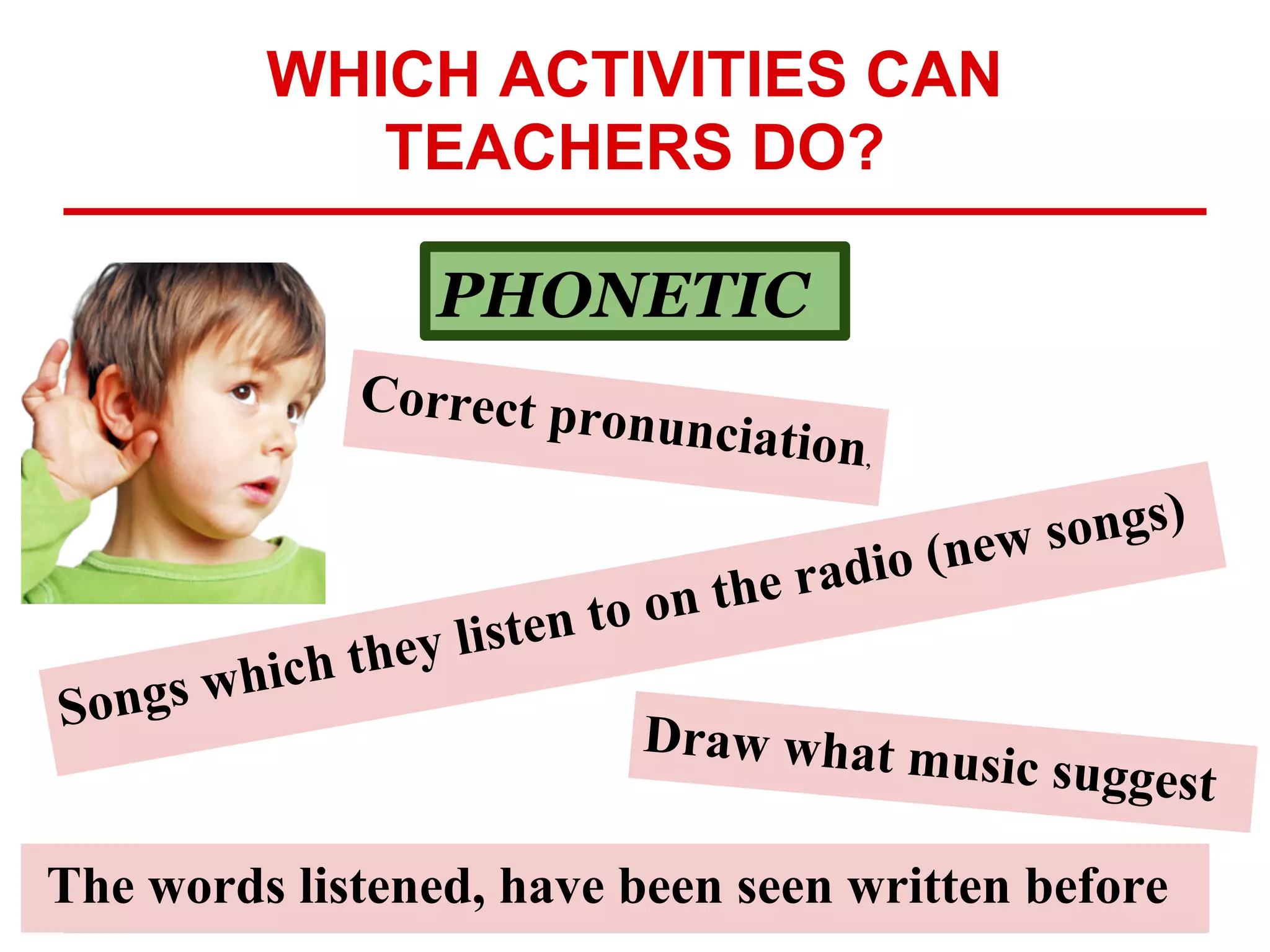 WHICH ACTIVITIES CAN
TEACHERS DO?
PHONETIC
Songs which they listen to on the radio (new songs)
Draw what music suggest
Correct pronunciation,
The words listened, have been seen written before
 