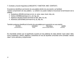 29
7. Contexto y función lingüística (LINGUISTIC FUNCTION AND CONTEXT)
Si podemos identificar una función de una palabra dentro de una oración, se facilitará
nuestra comprensión de esa palabra. Lo anterior se puede realizar al reconocer la terminación de la
palabra.
 Sustantivos (NOUN) terminan en ion, er, ance, nees, hood, ship, etc.
 Verbos (VERBS) terminan en s, ed, ing, etc.
 Adjetivos (ADJECTIVES) terminan en ible, able, ful, etc.
 Adverbios (ADVERBS) terminan en ly, lly, ally, etc.
También podemos identificar la función de una palabra por suposición en una oración:
PETER KICKED THE BALL HARD.
( NOUN/SUBJECT) (VERB) (NOUN PHRASE-OBJECT) (ADVERB)
Es importante aclarar que el significado sucede por las palabras de clase abierta “open class” tales
como sustantivos, verbos, adjetivos y adverbios en vez de aquellas conocidas como cerradas “closed
class” como artículos y conjunciones.
 