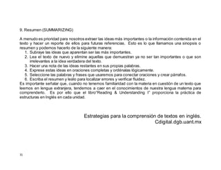 31
9. Resumen (SUMMARIZING)
A menudo es prioridad para nosotros extraer las ideas más importantes o la información contenida en el
texto y hacer un reporte de ellos para futuras referencias. Esto es lo que llamamos una sinopsis o
resumen y podemos hacerlo de la siguiente manera:
1. Subraye las ideas que aparentan ser las más importantes.
2. Lea el texto de nuevo y elimine aquellas que demuestran ya no ser tan importantes o que son
irrelevantes a la idea verdadera del texto.
3. Hacer una nota de las ideas restantes en sus propias palabras.
4. Exprese estas ideas en oraciones completas y ordénalas lógicamente.
5. Seleccione las palabras y frases que usaremos para conectar oraciones y crear párrafos.
6. Escriba el resumen y leálo para localizar errores y verificar fluidez.
Es importante señalar que, cuando no tenemos familiaridad con la materia en cuestión de un texto que
leemos en lengua extranjera, tendemos a caer en el conocimientos de nuestra lengua materna para
comprenderlo. Es por ello que el libro“Reading & Understanding I” proporciona la práctica de
estructuras en Inglés en cada unidad.
Estrategias para la comprensión de textos en inglés.
Cdigital.dgb.uant.mx
 