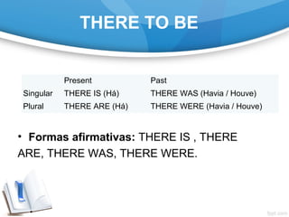 THERE TO BE
• Formas afirmativas: THERE IS , THERE
ARE, THERE WAS, THERE WERE.
Present Past
Singular THERE IS (Há) THERE WAS (Havia / Houve)
Plural THERE ARE (Há) THERE WERE (Havia / Houve)
 