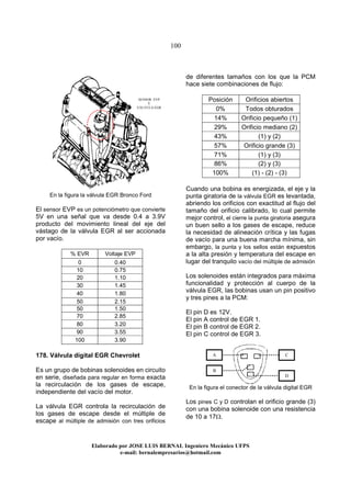 100
Elaborado por JOSE LUIS BER AL Ingeniero Mecánico UFPS
e-mail: bernalempresarios@hotmail.com
En la figura la válvula EGR Bronco Ford
El sensor EVP es un potenciómetro que convierte
5V en una señal que va desde 0.4 a 3.9V
producto del movimiento lineal del eje del
vástago de la válvula EGR al ser accionada
por vacío.
% EVR Voltaje EVP
0 0.40
10 0.75
20 1.10
30 1.45
40 1.80
50 2.15
50 1.50
70 2.85
80 3.20
90 3.55
100 3.90
178. Válvula digital EGR Chevrolet
Es un grupo de bobinas solenoides en circuito
en serie, diseñada para regular en forma exacta
la recirculación de los gases de escape,
independiente del vacío del motor.
La válvula EGR controla la recirculación de
los gases de escape desde el múltiple de
escape al múltiple de admisión con tres orificios
de diferentes tamaños con los que la PCM
hace siete combinaciones de flujo:
Posición Orificios abiertos
0% Todos obturados
14% Orificio pequeño (1)
29% Orificio mediano (2)
43% (1) y (2)
57% Orificio grande (3)
71% (1) y (3)
86% (2) y (3)
100% (1) - (2) - (3)
Cuando una bobina es energizada, el eje y la
punta giratoria de la válvula EGR es levantada,
abriendo los orificios con exactitud al flujo del
tamaño del orificio calibrado, lo cual permite
mejor control, el cierre la punta giratoria asegura
un buen sello a los gases de escape, reduce
la necesidad de alineación crítica y las fugas
de vacío para una buena marcha mínima, sin
embargo, la punta y los sellos están expuestos
a la alta presión y temperatura del escape en
lugar del tranquilo vacío del múltiple de admisión
Los solenoides están integrados para máxima
funcionalidad y protección al cuerpo de la
válvula EGR, las bobinas usan un pin positivo
y tres pines a la PCM:
El pin D es 12V.
El pin A control de EGR 1.
El pin B control de EGR 2.
El pin C control de EGR 3.
En la figura el conector de la válvula digital EGR
Los pines C y D controlan el orificio grande (3)
con una bobina solenoide con una resistencia
de 10 a 17Ω.
SENSOR EVP
Y
VÁLVULA EGR
A C
D
B
 