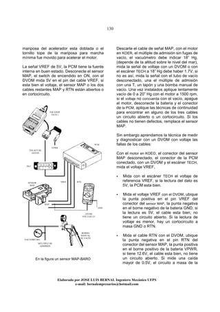 130
Elaborado por JOSE LUIS BER AL Ingeniero Mecánico UFPS
e-mail: bernalempresarios@hotmail.com
mariposa del acelerador esta doblada o el
tornillo tope de la mariposa para marcha
mínima fue movido para acelerar el motor.
La señal VREF de 5V, la PCM tiene la fuente
interna en buen estado. Desconecte el sensor
MAP, el switch de encendido en ON, con el
DVOM mida 5V en el pin del cable VREF, si
esta bien el voltaje, el sensor MAP o los dos
cables restantes MAP y RTN están abiertos o
en cortocircuito.
En la figura un sensor MAP-BARO
Descarte el cable de señal MAP, con el motor
en KOER, el múltiple de admisión sin fugas de
vacío, el vacuómetro debe indicar 18” Hg,
(depende de la altitud sobre le nivel del mar),
mida la señal de voltaje con un DVOM o con
el escáner TECH a 18” Hg debe haber 1.7V, si
no es así, mida la señal con el tubo de vacío
desconectado, una el múltiple de admisión
con una T, un tapón y una bomba manual de
vacío. Una vez instalados aplique lentamente
vacío de 0 a 20” Hg con el motor a 1500 rpm,
si el voltaje no concuerda con el vacío, apague
el motor, desconecte la bateria y el conector
de la PCM, aplique las técnicas de continuidad
para encontrar en alguno de los tres cables
un circuito abierto o un cortocircuito. Si los
cables no tienen defectos, remplace el sensor
MAP.
Sin embargo aprendamos la técnica de medir
y diagnosticar con un DVOM con voltaje las
fallas de los cables:
Con el motor en KOEO, el conector del sensor
MAP desconectado, el conector de la PCM
conectado, con un DVOM y el escáner TECH,
mida el voltaje VREF,
Mida con el escáner TECH el voltaje de
referencia VREF, si la lectura del dato es
5V, la PCM esta bien.
Mida el voltaje VREF con el DVOM, ubique
la punta positiva en el pin VREF del
conector del sensor MAP, la punta negativa
en el borne negativo de la bateria GND, si
la lectura es 5V, el cable esta bien, no
tiene un circuito abierto. Si la lectura de
voltaje es menor, hay un cortocircuito a
masa GND o RTN.
Mida el cable RTN con el DVOM, ubique
la punta negativa en el pin RTN del
conector del sensor MAP, la punta positiva
en el borne positivo de la bateria VPWR,
si tiene 12.6V, el cable esta bien, no tiene
un circuito abierto. Si mide una caída
mayor de 0.5V, el circuito a masa de la
VREF RTN
MAP
ESCÁNER
TECH 1
PCM
DLC
VPWR
ENLACE DE
DATOS
SENSOR
MAP
BOMBA
MANUAL
DE VACÍO
MÚLTIPLE DE
ADMISIÓN
VACUOMETRO
DVOM
VOLTAJE CC
GND
 