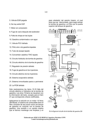 143
Elaborado por JOSE LUIS BER AL Ingeniero Mecánico UFPS
e-mail: bernalempresarios@hotmail.com
5. Válvula EGR pegada
6. No hay señal CKP
7. Motor sin compresión
8. Fuga de vacío después del acelerador
9. Falla de chispa en las bujías
10. Gasolina contaminada o con agua
11. Válvula PCV dañada
12. Filtro aire o de gasolina tapadas
13. Tubo de escape tapado
14. Convertidor catalítico TWC tapado
15. Circuito hidráulico de bomba de gasolina
16. Circuito eléctrico de la bomba de gasolina
17. Regulador de presión dañado
18. Fuga de gasolina en los inyectores
19. Circuito eléctrico de los Inyectores
20. Sistema evaporativo dañado
21. Sistema inmovilizador pasivo o perimetral
22. La PCM dañada
Solo resolveremos los ítems 15-16 falla del
circuito eléctrico e hidráulico de la bomba de
gasolina. Los otros 19 items se resuelven con
la información del texto, excepto para el ítem
21 que corresponde a llaves codificadas.
Apliquemos la solución en un motor 1.6 litros
ZM Mazda, el sistema de combustible tiene el
filtro cambiable de alta presión dentro del tanque
de gasolina en conjunto con la bomba de
gasolina. Una revisión o un cambio implica
que el técnico mantenga una limpieza y un
aseo alrededor del asiento trasero, el cual
tiene que ser desmontado, para luego extraer
la bomba de gasolina y el filtro por la puerta
superior del tanque de gasolina.
En la figura el circuito de la bomba de gasolina ZM
GND
GND
F/P
RELAY DE LA
BOMBA DE
GASOLINA
CONECTOR
DE LA PCM
DLC
INDICADOR
DE GASOLINA
DVOM
EN
VOLTAJE CC
RESISTENCIA Ω
VPWR
ON
BOMBA DE
GASOLINA
FILTRO DE
GASOLINA
BOMBA DE
GASOLINA
TAMIZ DE
GASOLINA
RESOTATO
INDICADOR DE
GASOLINA
VPWR
PUENTE
DVOM
AMPERAJE
+B
SEñAL DE
MASA DEL
RELAY
A LA PCM
RESOTATO
VPWR
 