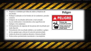 Peligro• Tropiezo o resbalón por falta de orden y limpieza de
encofrado.
• Trabajos realizado en los bordes de los andamios, paredes
o muros.
• Colapsos de encofrados deficiente o mal armado.
• Acceso deficientes o inexistentes a las superficies de
trabajos o los andamios.
• Deslizamientos de algunas de las piezas del encofrado por
mala fijación
• Volcamiento del encofrado debido a un temblor o golpes
de los equipos que colocan el concreto premezclado.
• Caída de piezas de maderas durante el desencofrado.
• Protecciones perimetrales inexistente o incompletas.
 