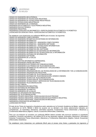 GRADO EN INGENIERÍA MECATRÓNICA
GRADO EN INGENIERÍA EN TECNOLOGÍA INDUSTRIAL
GRADO EN INGENIERÍA EN TECNOLOGÍAS INDUSTRIALES
GRADO EN TECNOLOGÍAS INDUSTRIALES
GRADO EN INGENIERIA DE LA ENERGIA
INGENIERO EN AUTOMÁTICA Y ELECTRÓNICA INDUSTRIAL
INGENIERO EN ELECTRÓNICA
INGENIERO INDUSTRIAL
INGENIERO/LICENCIADO EN INFORMÁTICA –ESPECIALIDADES EN AUTOMÁTICA Y/O ROBÓTICA
LICENCIADO EN CIENCIAS FÍSICA - ESPECIALIDAD AUTOMÁTICA Y/O ROBÓTICA.
Se establecen como titulaciones con preferente MEDIA para el acceso, las siguientes:
GRADO EN INGENIERÍA COMPUTADORES
GRADO EN INGENIERÍA INFOMÁTICA EN SISTEMAS DE INFORMACIÓN
GRADO EN INGENIERÍA INFORMÁTICA
GRADO EN INGENIERÍA INFORMÁTICA - INGENIERÍA COMPUTADORES
GRADO EN INGENIERÍA INFORMÁTICA - INGENIERÍA SOFTWARE
GRADO EN INGENIERÍA INFORMÁTICA - TECNOLOGÍAS INFORMÁTICAS
GRADO EN INGENIERÍA INFORMÁTICA DE SISTEMAS
GRADO EN INGENIERÍA INFORMÁTICA DEL SOFTWARE
GRADO EN INGENIERÍA INFORMÁTICA EN SISTEMAS DE INFORMACIÓN
GRADO EN INGENIERÍA INFORMÁTICA EN TECNOLOGÍAS DE LA INFORMACIÓN
GRADO EN INGENIERÍA SISTEMAS DE INFORMACIÓN
GRADO EN INGENIERÍA SOFTWARE
GRADO EN INGENIERÍA DE LA SALUD
GRADO EN FÍSICA
GRADO EN GESTIÓN INFORMÁTICA EMPRESARIAL
GRADO EN INGENIERÍA DISEÑO MECÁNICO
GRADO EN INGENIERÍA ELECTRÓNICA DE COMUNICACIONES
GRADO EN INGENIERÍA ELECTRÓNICA DE TELECOMUNICACIÓN
GRADO EN INGENIERÍA INFORMÁTICA DE SERVICIOS Y APLICACIONES
GRADO EN INGENIERÍA MULTIMEDIA
GRADO EN INGENIERÍA ORGANIZACIÓN DE LAS TECNOLOGÍAS DE LA INFORMACIÓN Y DE LA COMUNICACIÓN
GRADO EN INGENIERÍA ORGANIZACIÓN INDUSTRIAL
GRADO EN INGENIERÍA SISTEMAS DE TELECOMUNICACIÓN
GRADO EN INGENIERÍA SISTEMAS DE TELECOMUNICACIÓN, SONIDO E IMAGEN
GRADO EN INGENIERÍA TÉCNICA DE TELECOMUNICACIÓN
GRADO EN INGENIERÍA TECNOLOGÍA DE TELECOMUNICACIÓN
GRADO EN INGENIERÍA TECNOLOGÍAS Y SERVICIOS DE TELECOMUNICACIÓN
GRADO EN INGENIERÍA TELECOMUNICACIÓN
GRADO EN MULTIMEDIA
GRADO EN ORGANIZACIÓN INDUSTRIAL
GRADO EN SISTEMAS DE INFORMACIÓN
GRADO EN INGENIERÍA TELEMÁTICA
GRADO EN INGENIERIA DE LA SALUD
INGENIERO DE ORGANIZACIÓN INDUSTRIAL
INGENIERO DE TELECOMUNICACIÓN
INGENIERO TÉCNICO INDUSTRIAL, ESPECIALIDAD EN ELECTRICIDAD
INGENIERO TÉCNICO INDUSTRIAL, ESPECIALIDAD EN ELECTRÓNICA INDUSTRIAL
INGENIERO TÉCNICO INDUSTRIAL, ESPECIALIDAD EN MECÁNICA
INGENIERO/LICENCIADO EN INFORMÁTICA
LICENCIADO EN FÍSICA
El resto de los Títulos de Ingeniería y Arquitectura serán valorados por la Comisión Académica de Máster, estableciendo
su preferencia en ALTA, MEDIA o BAJA de acuerdo con su afinidad a los títulos anteriormente indicados y/o
competencias en Automática, Electrónica, Informática Industrial, Fundamentos Físicos (Electricidad y Mecánica) y
Fundamentos Matemáticos (Algebra, Calculo, Ecuaciones Diferenciales, Estadística).
Para que una titulación se considere con preferente MEDIA deberá acreditar el/la alumno/a mediante su expediente
académico, formación equivalente a 48 créditos ECTS en las siguientes materias: Automática, Electrónica, Informática
Industrial, Fundamentos Físicos (Electricidad y Mecánica) y Fundamentos Matemáticos (Algebra, Calculo, Ecuaciones
Diferenciales, Estadística):
Se establecen como titulaciones con preferente BAJA para el acceso otros títulos y graduados de ingeniería y
 