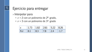 Ejercicio para entregar
› Interpolar para
• x = 2 con un polinomio de 2º grado,
• x = 3 con un polinomio de 3er grado
MTRA. TERESA CARRILLO R. 11
x 1.73 1.82 2.61 5.22 8.26
f(x) 8.1 8.3 7.8 2.4 -1.7
 