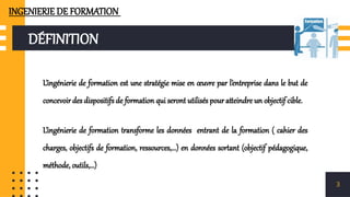 DÉFINITION
3
L’ingénierie de formation est une stratégie mise en œuvre par l’entreprise dans le but de
concevoir des dispositifs de formation qui seront utilisés pour atteindre un objectif cible.
L’ingénierie de formation transforme les données entrant de la formation ( cahier des
charges, objectifs de formation, ressources,...) en données sortant (objectif pédagogique,
méthode, outils,…)
INGENIERIE DE FORMATION
 