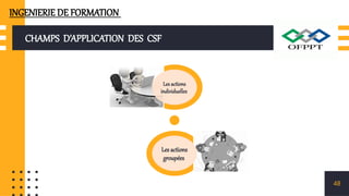 CHAMPS D’APPLICATION DES CSF
48
Les actions
individuelles
Les actions
groupées
INGENIERIE DE FORMATION
 