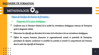 METHODOLOGIE
Etapes de l’analyse des besoins de formation :
1. Diagnostic de la vision stratégique :
 Confirmer avec le Directeur Général de la société les orientations stratégiques retenues de l’entreprise
après le diagnostic réalisé,
 Déterminer les objectifs qui découlent de la vision de la direction et de ses orientations stratégiques,
 Définir les moyens humains, financiers et organisationnels actuels et potentiels de l’entreprise,
permettant de répartir, coordonner et contrôler les activités et orienter le comportement des Hommes
dans le cadre des objectifs de l’entreprise.
9
INGENIERIE DE FORMATION
 