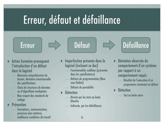 Erreur, défaut et défaillance
10
Erreur Défaut Défaillance
‣ Action humaine provoquant
l’introduction d’un défaut
dans le logiciel
Mauvaise compréhension du
besoin, déviation intentionnelle
des spéciﬁcations
Choix de structures de données
ou d’algorithme inadaptées
Non respect des standards de
codage
‣ Prévention
Formations, communication,
processus plus matures,
meilleures conditions de travail
‣ Imperfection présente dans le
logiciel (incluant sa doc)
Fonctionnalités oubliées (présentes
dans les spéciﬁcations)
Défauts de programmation (New
sans Delete)
Défauts de portabilité
‣ Détection
Directe par les tests en boite
blanche
Indirecte, par les défaillances
‣ Déviation observée du
comportement d’un système
par rapport à un
comportement requis
Résultat de l’exécution d’un
programme contenant un défaut
‣ Détection
Test en boite noire
 