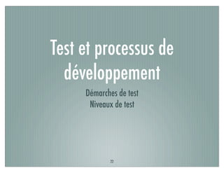 Test et processus de
développement
Démarches de test
Niveaux de test
22
 