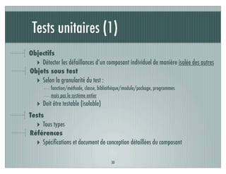 Tests unitaires (1)
30
Objectifs
‣ Détecter les défaillances d’un composant individuel de manière isolée des autres
Objets sous test
‣ Selon la granularité du test :
fonction/méthode, classe, bibliothèque/module/package, programmes
mais pas le système entier
‣ Doit être testable (isolable)
Tests
‣ Tous types
Références
‣ Spéciﬁcations et document de conception détaillées du composant
 