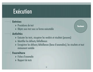 Exécution
Entrées
‣ Procédures de test
‣ Objets sous test sous sa forme exécutable
Activités
‣ Exécuter les tests, récupérer les verdicts et résultats (preuves)
‣ Identiﬁer les défauts/défaillances
‣ Enregistrer les défauts/défaillances (base d’anomalies), les résultats et tout
événement notable
Fourniture
‣ Fiches d’anomalie
‣ Rapport de tests
51
Testeur
 