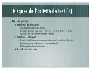 Risques de l’activité de test (1)
Liés au projet
‣ Problèmes d’organisation
Ressources inadaptées aux besoins
Incapacité du projet à apprécier la valeur de l’activité de test («trouver des
défauts») et à tirer les bénéﬁces de ses résultats
‣ Problèmes techniques
Incapacité à déﬁnir des exigences compatibles avec les contraintes du projet
Environnement de test incomplet ou non opérationnel
Faible qualité de la documentation
‣ Défaillance fournisseur
54
 