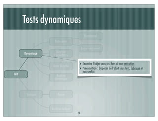 Tests dynamiques
58
Test Analyse
dynamique
Basé sur
l’expérience
Extra-fonctionnel
Dynamique
Statique
Fonctionnel
Boite blanche
Boite noire
Revue
Analyse statique
‣ Examine l’objet sous test lors de son exécution
‣ Précondition : disposer de l’objet sous test, fabriqué et
exécutable
 