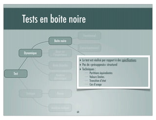 Tests en boite noire
60
Test Analyse
dynamique
Basé sur
l’expérience
Extra-fonctionnel
Dynamique
Statique
Fonctionnel
Boite blanche
Boite noire
Revue
Analyse statique
‣ Le test est réalisé par rapport à des spéciﬁcations
‣ Pas de «présupposés» structurel
‣ Techniques :
Partitions équivalentes
Valeurs limites
Transition d’état
Cas d’usage
 