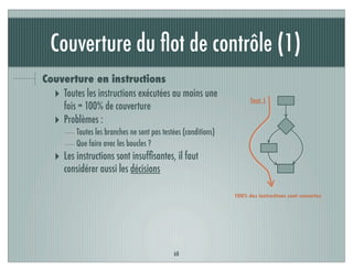 Couverture du ﬂot de contrôle (1)
68
Couverture en instructions
‣ Toutes les instructions exécutées au moins une
fois = 100% de couverture
‣ Problèmes :
Toutes les branches ne sont pas testées (conditions)
Que faire avec les boucles ?
‣ Les instructions sont insufﬁsantes, il faut
considérer aussi les décisions
Test 1
100% des instructions sont couvertes
 