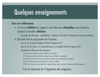 Quelques enseignements
Test et référence
‣ Un test est déﬁni par rapport à une référence attendus avec lequel on
compare le résultat obtenu
Exemples de références : spéciﬁcations, exigences, des retours d’expériences, bonnes pratiques, ...
‣ Que doit faire le programme de l’exercice ...
dans le cas d’entrées illégales (violant l’exigence E1) ?
dans le cas de valeurs ne représentant pas un triangle (violant l’exigence E2) ?
Exemple de rafﬁnement des exigences :
(E1.1) Lecture de 3 entiers entrés par l’utilisateur sur la console
(E1.2) Si plus ou moins de trois entrés, indiquer une entrée illégale et redemander
(E1.3) Si valeur une valeur ou plus est non entière, indiquer une entrée illégale et redemander
(E2.1) Les 3 entiers représentent la longueur des côtés d’un triangle
(E2.2) Si les 3 entiers ne représentent pas un triangle, indiquer que ce n’est pas un triangle et arrêter le programme
9
C’est le domaine de l’ingénierie des exigences
 